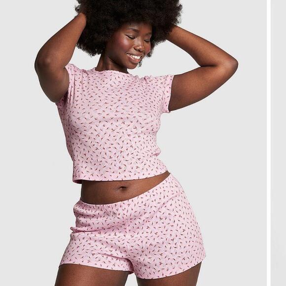 Victoria’s Secret PINK COTTON HEART POINTELLE SHORT PAJAMA SET - Picture 3 of 3